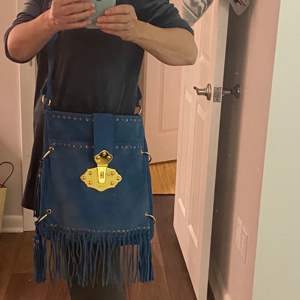Stunning Large Emilio Pucci Turquoise Blue Suede Fringe Handbag